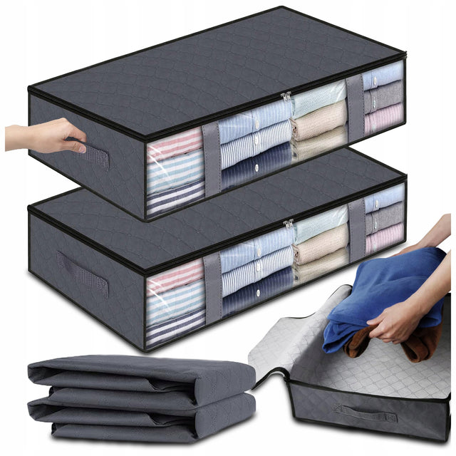Organizer na pościel kołdrę pokrowiec pojemnik na ubrania pod łóżko 2x75 L schowek z pokrywką szary 100x50 cm