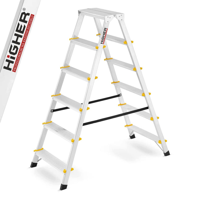 Drabina aluminiowa domowa dwustronna składana higher 2x6 stopni taboret schodki, podest roboczy, nośność 125 kg, wysokość pracy 3,21 m