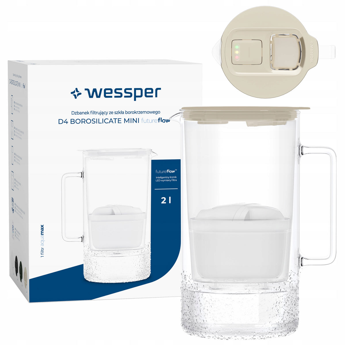 Dzbanek filtrujący szklany 2l Wessper WES208-FF-BG mini + filtr wskaźnik beżowy