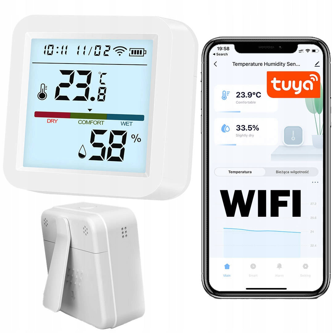 Termometr Czujnik temperatury wilgotno. wifi tuya ekran LCD raporty excel higrometr do domu, bluetooth, zasilanie