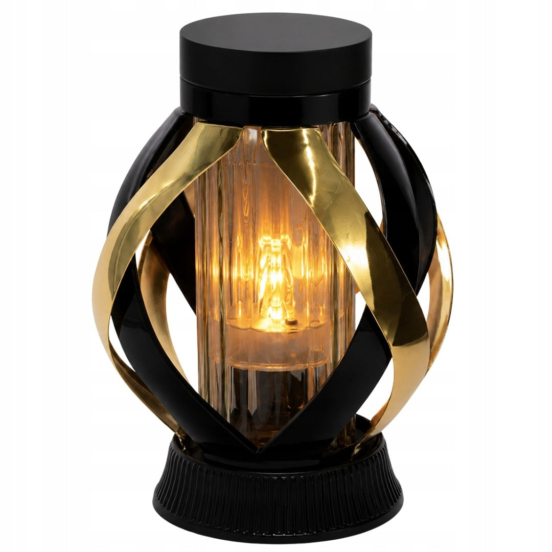 Znicz solarny wstęga metalizowana LG63 grób czarno złoty nowoczesny lampion nagrobny, dekoracja cmentarna, 29 cm