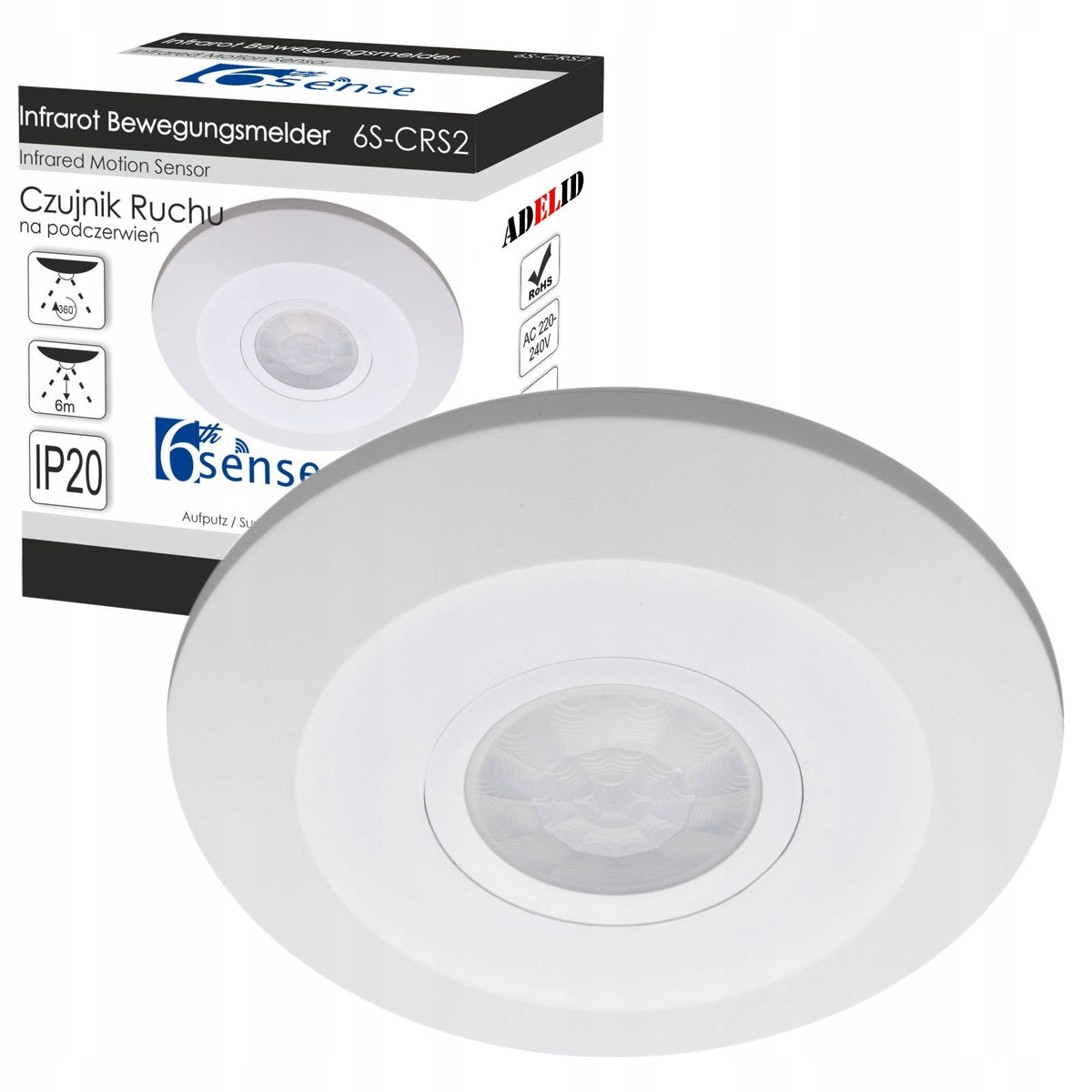 Czujnik ruchu sufitowy ultra płaski LED PIR czujka zmierzchu 360° natynkowy automatyczny włącznik oświetlenia do lamp