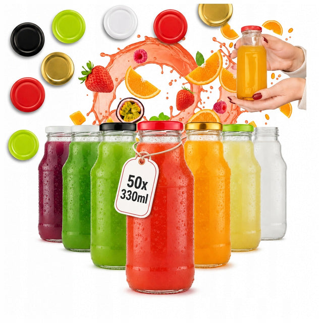50x Butelki Szklane Na Sok kubuś 330ml zestaw butelka szklana + wieczko na lemoniadę i nalewki, do przechowywania domowych napojów