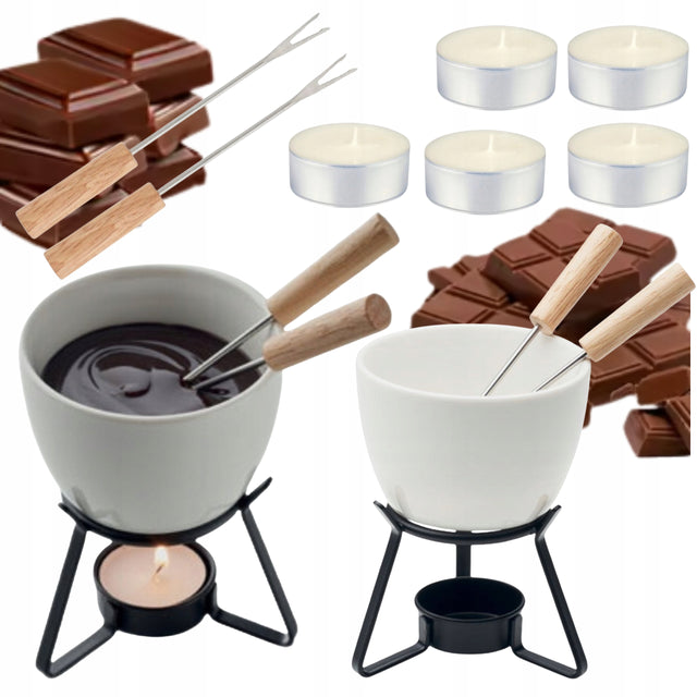 Zestaw do fondue czekoladowego podgrzewacz sera kubek ceramiczny + gratisy naczynie do roztapiania, sosy, dipy i słodkie przekąski