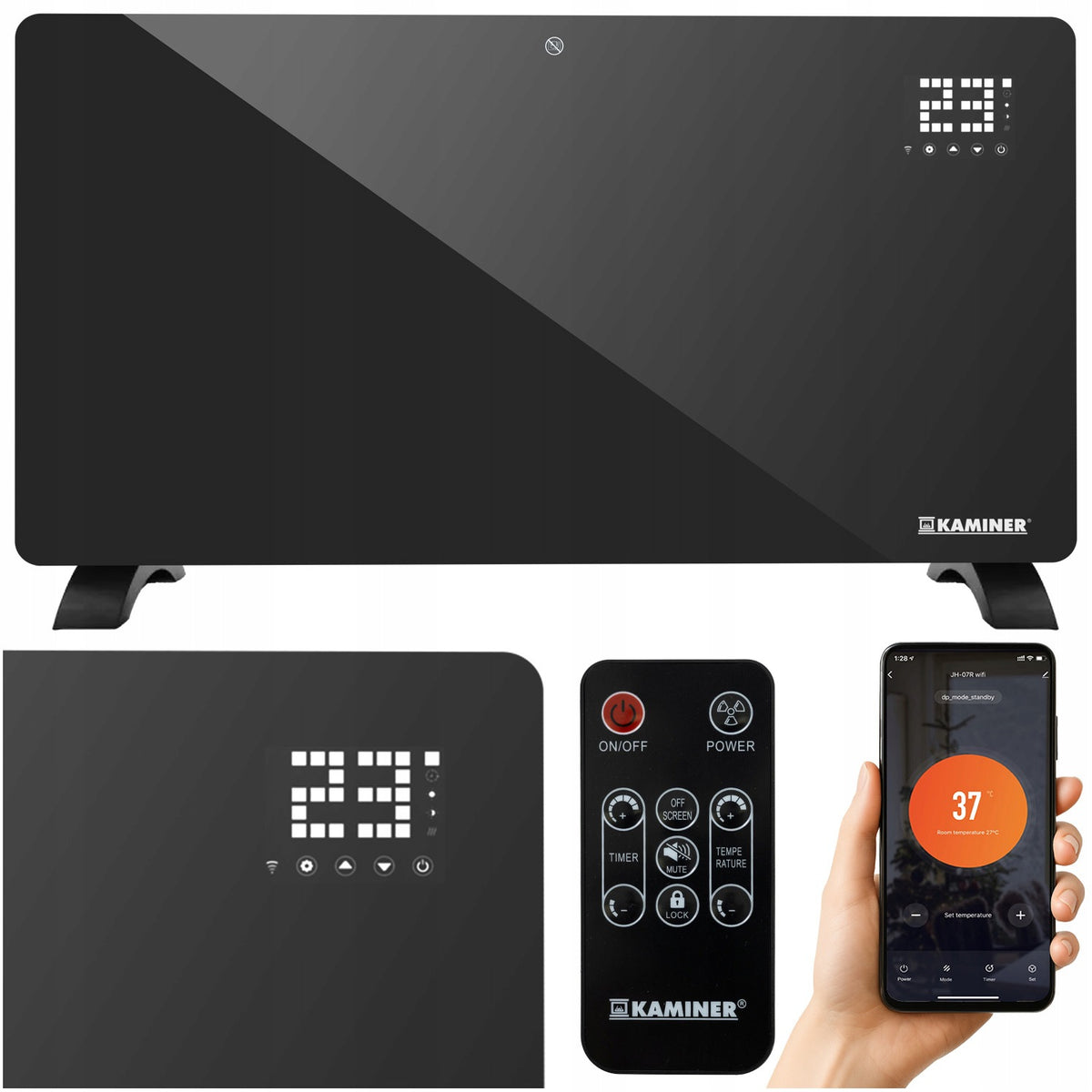 Grzejnik Elektryczny Szklany Kaminer 2500W WiFi + Pilot Czarny Wydajny 850 mm 410 mm grzewcza