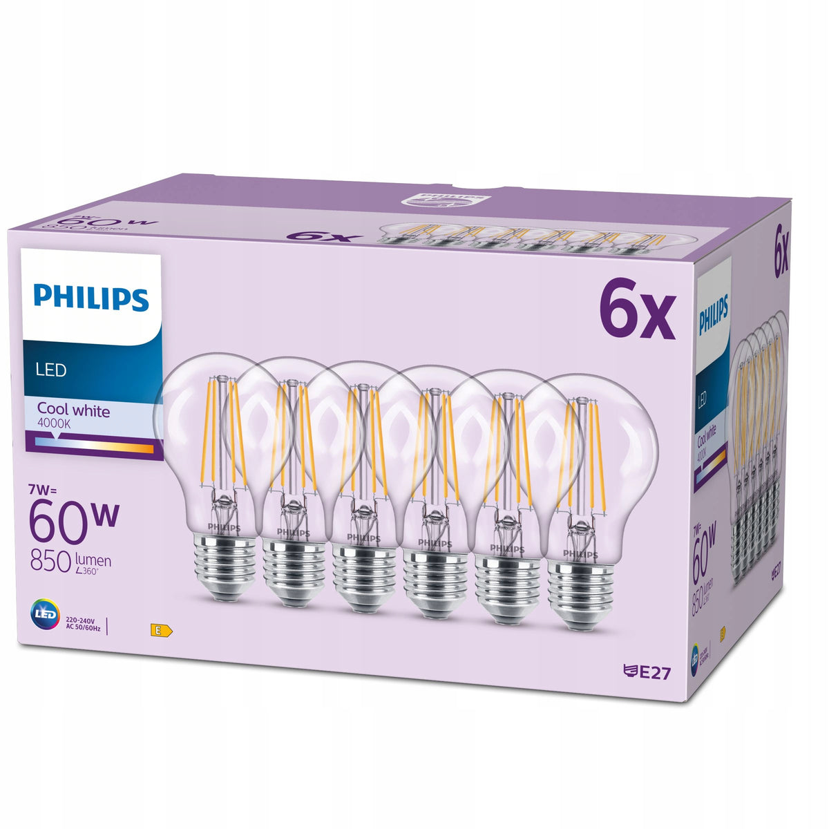 Żarówka LED E27 7W = 60W 4000K neutralna ozdobna filament Philips 6 szt. 850 lm, tradycyjny kształt, źródło światła do