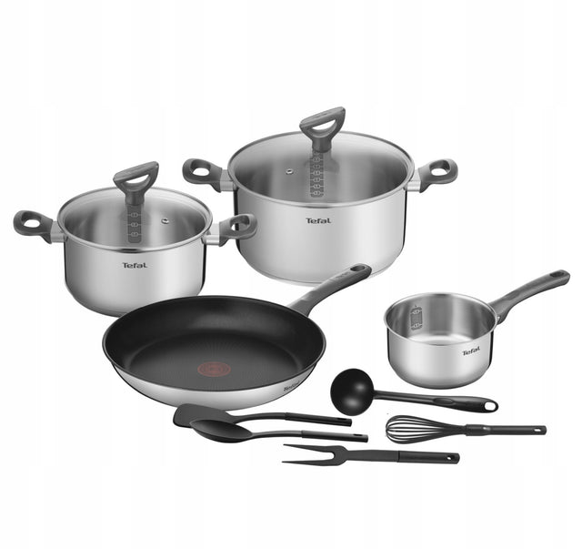 Zestaw garnki patelnia tefal Daily Cook stal indukcja 11el naczynia kuchenne nieprzywierające z pokrywkami do zmywarki i piekarnika
