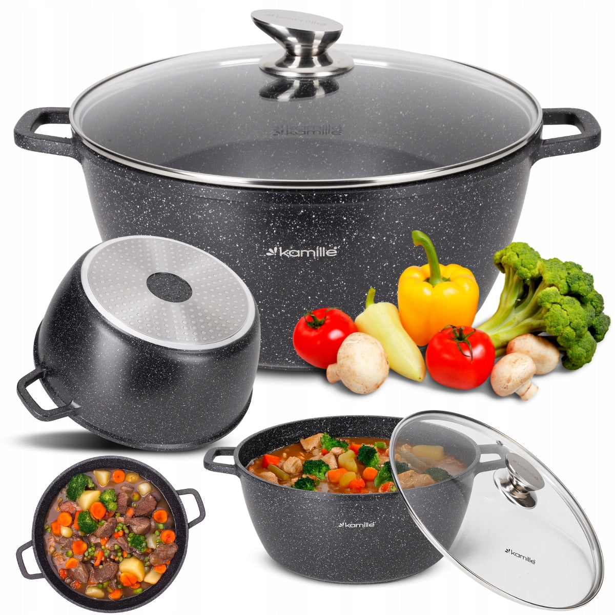 GARNEK 8,0 L tradycyjny MARMUROWY KOCIOŁEK POKRYWA INDUKCJA GAZ KAMILLE aluminiowy 30 cm do piekarnika, zmywarki