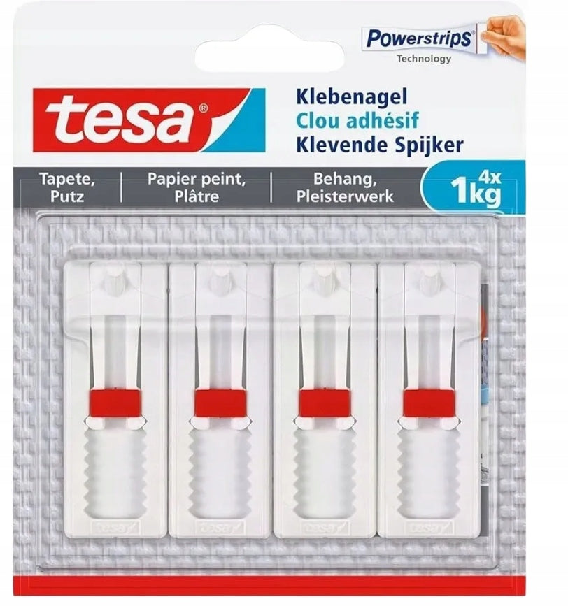 Tesa Gwóźdź wieszak samoprzylepny haczyk do 1kg obrazów - tapeta tynk 4szt. bez wiercenia, zawieszanie ramek oraz