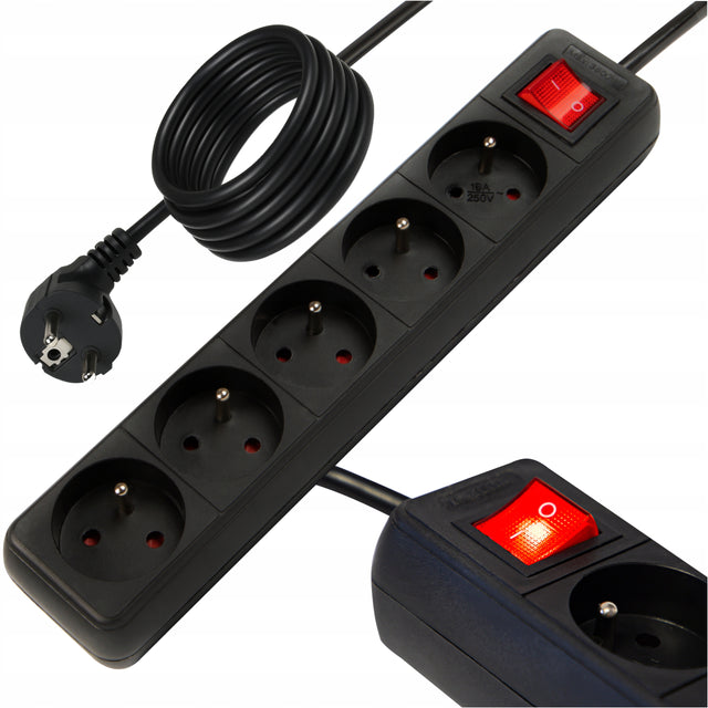 Przedłużacz listwa zasilająca włącznik mocny gruby 5m 5 gniazd rozgałęźnik elektryczny z uziemieniem, kabel 3x1 mm², czarny