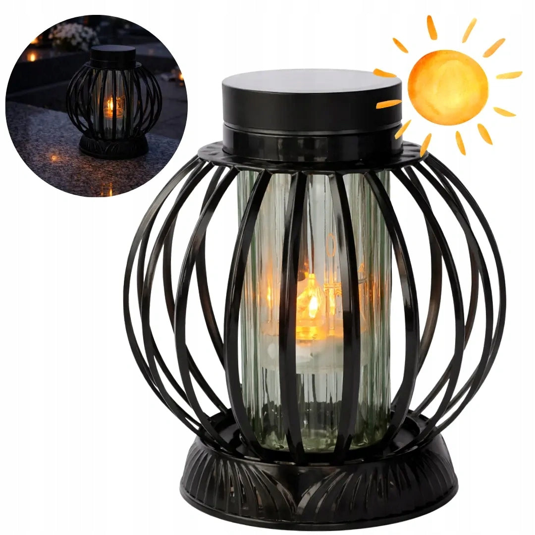 Znicz solarny kula czarna całodobowy LG73 na cmentarz ciepłe światło lampion nagrobny dekoracja grobu 24 cm