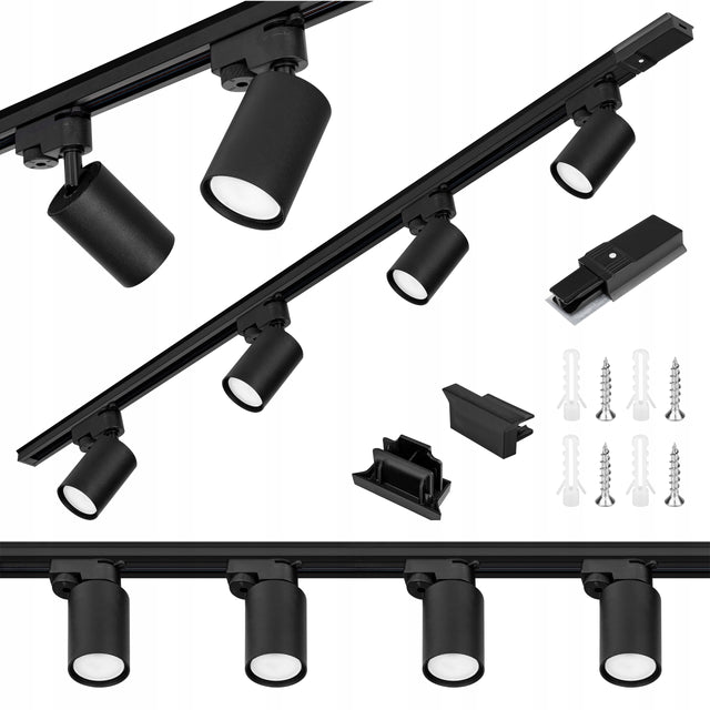 Zestaw Szynoprzewód Szyna 1m + 4x Lampa GU10 LED Oświetlenie szynowe czarny system sufitowy, spoty do salonu i kuchni, 4 punkty świetlne