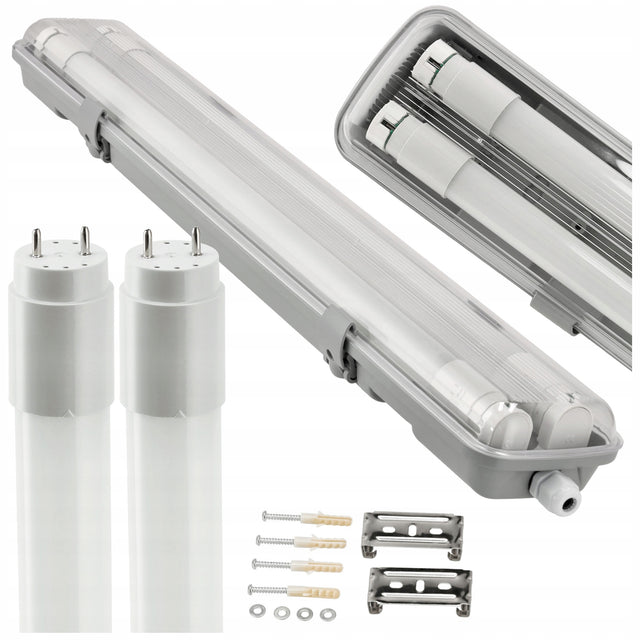 Oprawa Hermetyczna 60cm + 2x Świetlówka LED Tuby Do Garażu Warsztatu 4000K lampa sufitowa natynkowa G13, neutralna barwa światła, 18 w