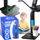 LAMPKA LED BIURKOWA REGULOWANA SZKOLNA BIURKO WYŚWIETLACZ LCD BUDZIK USB do nauki i czytania, ściemniana, czarna