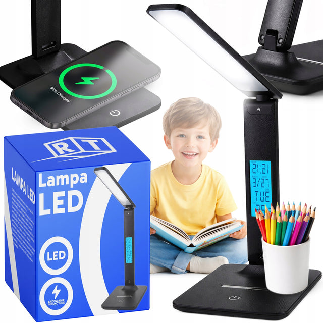Lampka LED biurkowa regulowana szkolna biurko wyświetlacz LCD budzik USB do nauki i czytania, ściemniana, czarna, zasilanie sieciowe