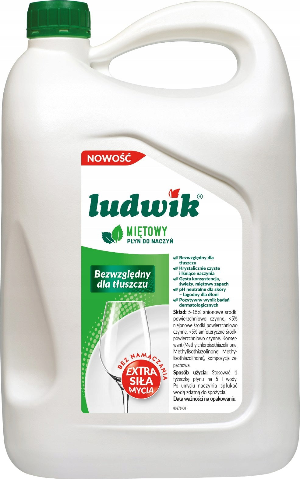 Ludwik Płyn do mycia naczyń miętowy 5 kg środek do zmywania, detergent kuchenny, do garnków, talerzy i sztućców