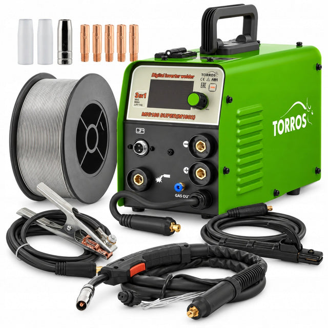 Spawarka migomat torros M1802 180A MIG MAG flux MMA TIG synergia drut półautomat spawalniczy 230 V, lekki 4,3 kg, do prac warsztatowych