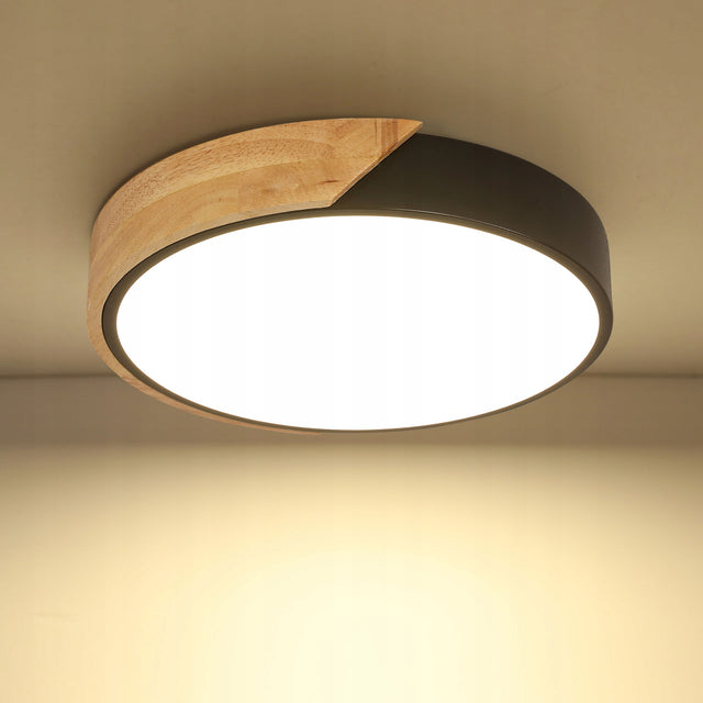 Lampa Sufitowa Plafon LED Czarna Drewniana Okrągła Nowoczesna 30W 3000K oprawa z ciepłą bielą, zintegrowane źródło światła, średnica 30 cm