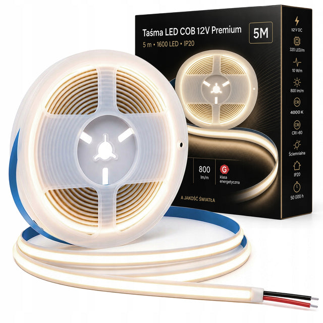 Taśma LED neon COB Linia 12V 4000K 50W 5m Rolka Pasek Neutralna Nie Mruga do oświetlenia wnętrz, światło białe, IP20