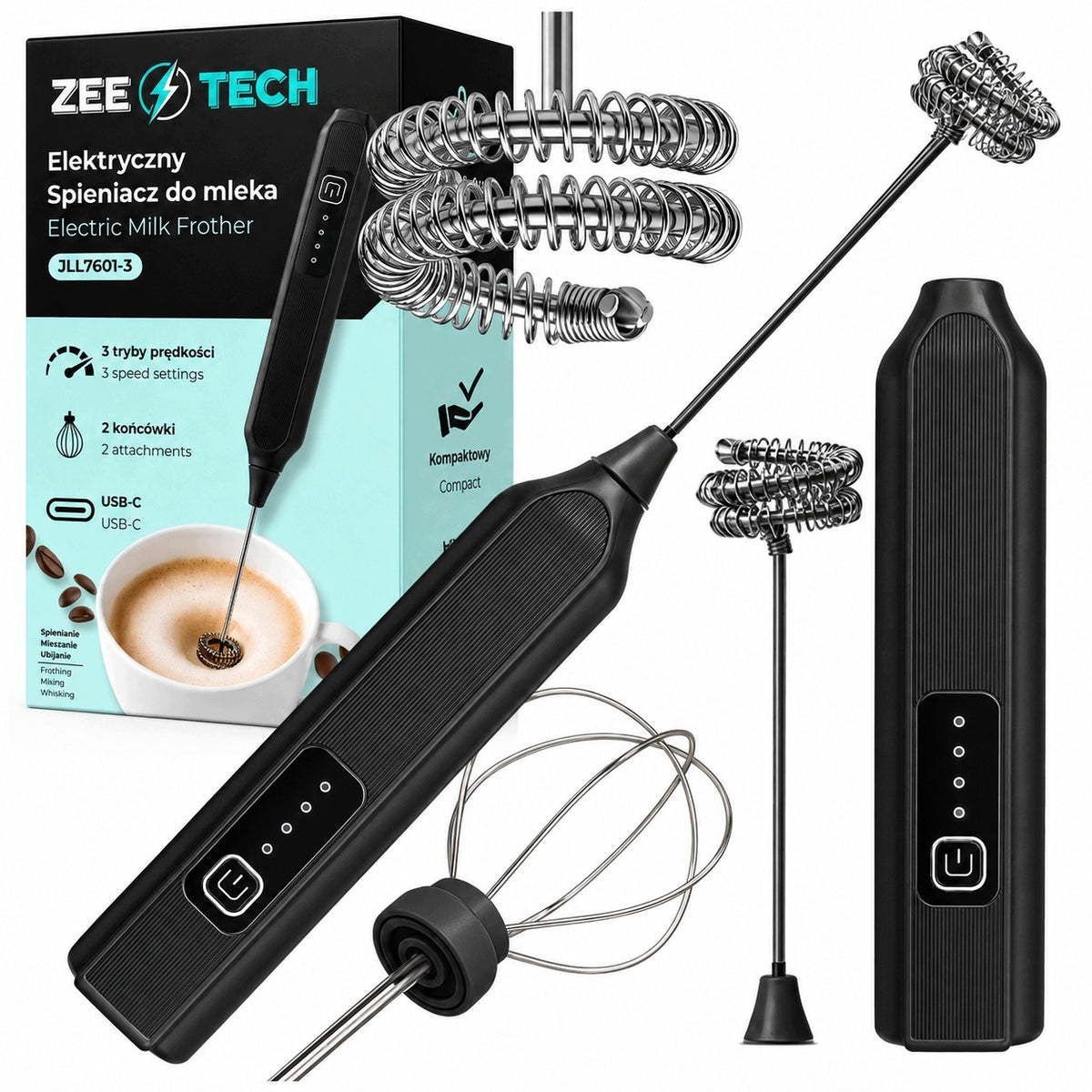 Spieniacz do mleka kawy elektryczny ręczny mocny ubijaczka USB 3 tryby 2w1 mieszadło do cappuccino i latte, dwie