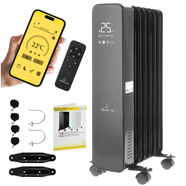 Grzejnik olejowy elektryczny 1500W 7 żeberek czarny wifi tuya termostat LCD kaloryfer do domu, sterowanie zdalne, ogrzewanie pomieszczeń 230 V
