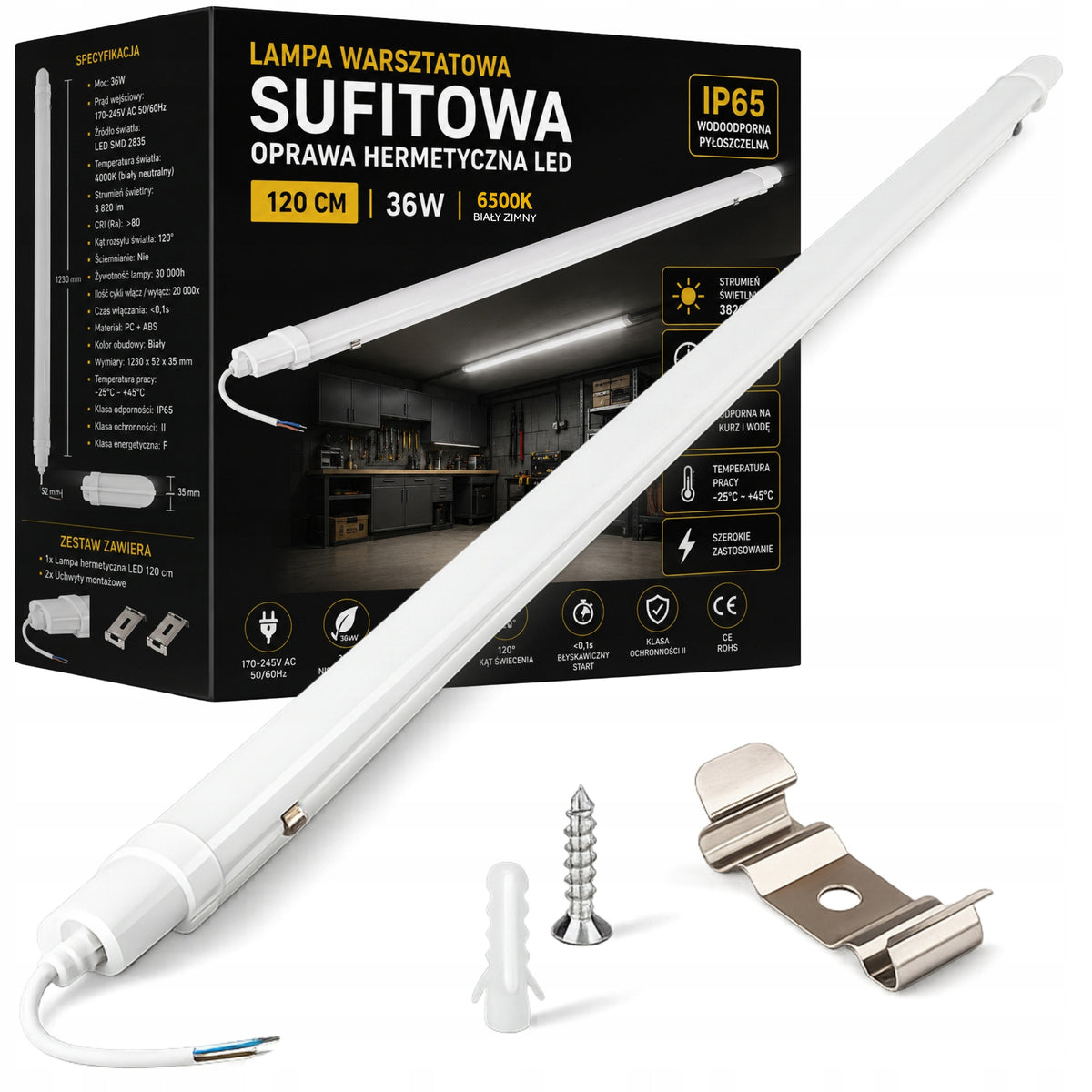 Lampa Sufitowa LED Warsztatowa Garażowa 120cm 36W 6500K mocna IP65 oprawa listwa hermetyczna do magazynu i piwnicy
