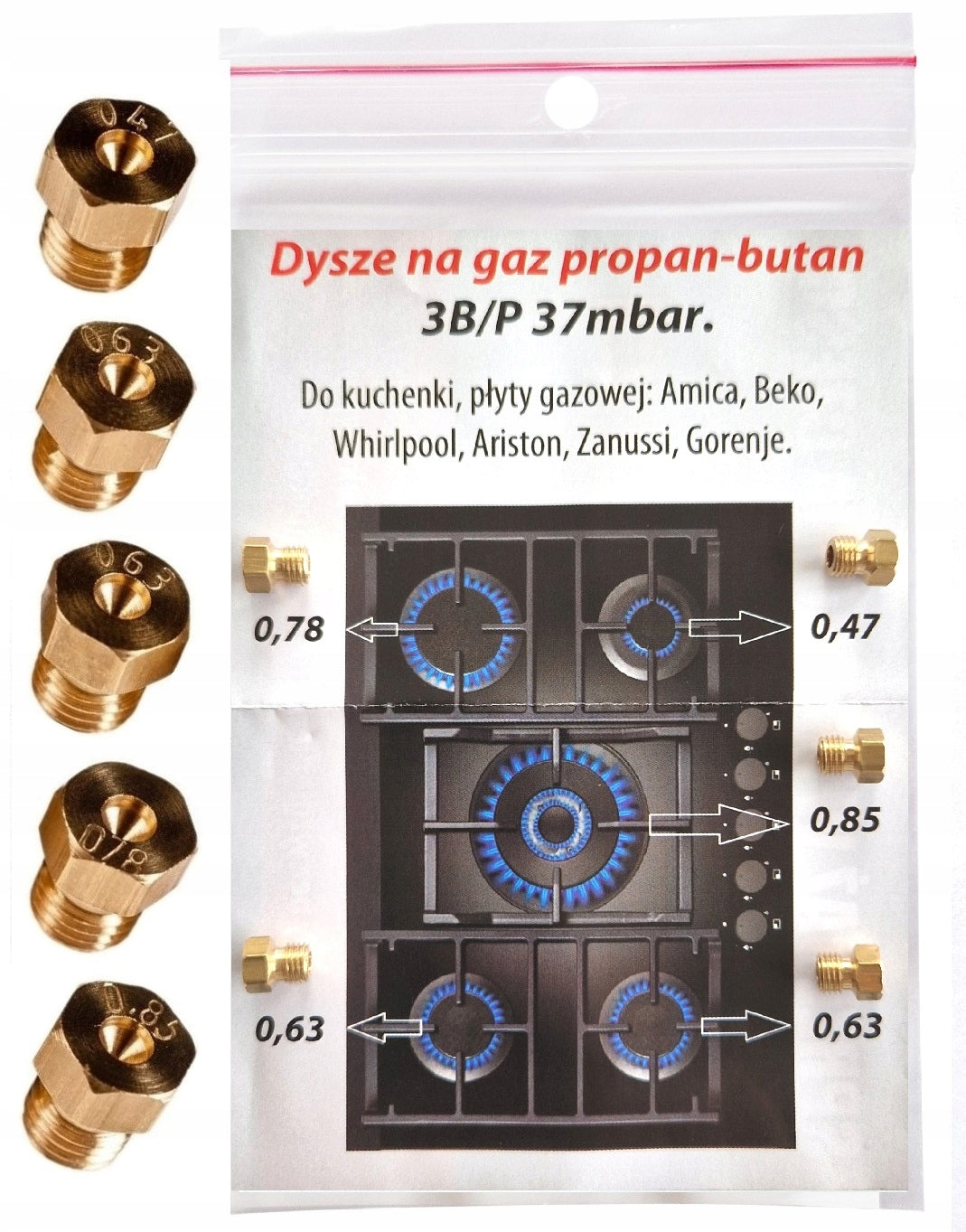 Dysze GAZ propan-butan kuchenki płyty gazowej: Amica,Beko,Gorenje,Whirlpool