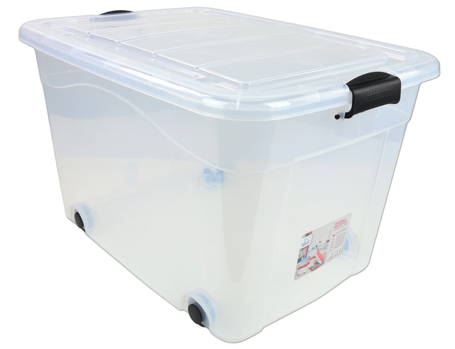 Pudełko Pudło Pojemnik 100l Pokrywa Przeźroczysta Plastikowe Duże 69x52x42 skrzynia do przechowywania na kółkach, uniwersalny organizer