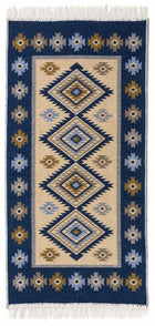 Dywan kilim tkany dwustronny wzór 80x150cm frędzle bawełniany chodnik orientalny niebieski prostokątny do wnętrz