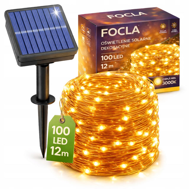 Girlanda solarna ogrodowa drucik 100LED Łańcuch Świetlny 12m zewnętrzne lampki dekoracyjne na balkon i taras białe