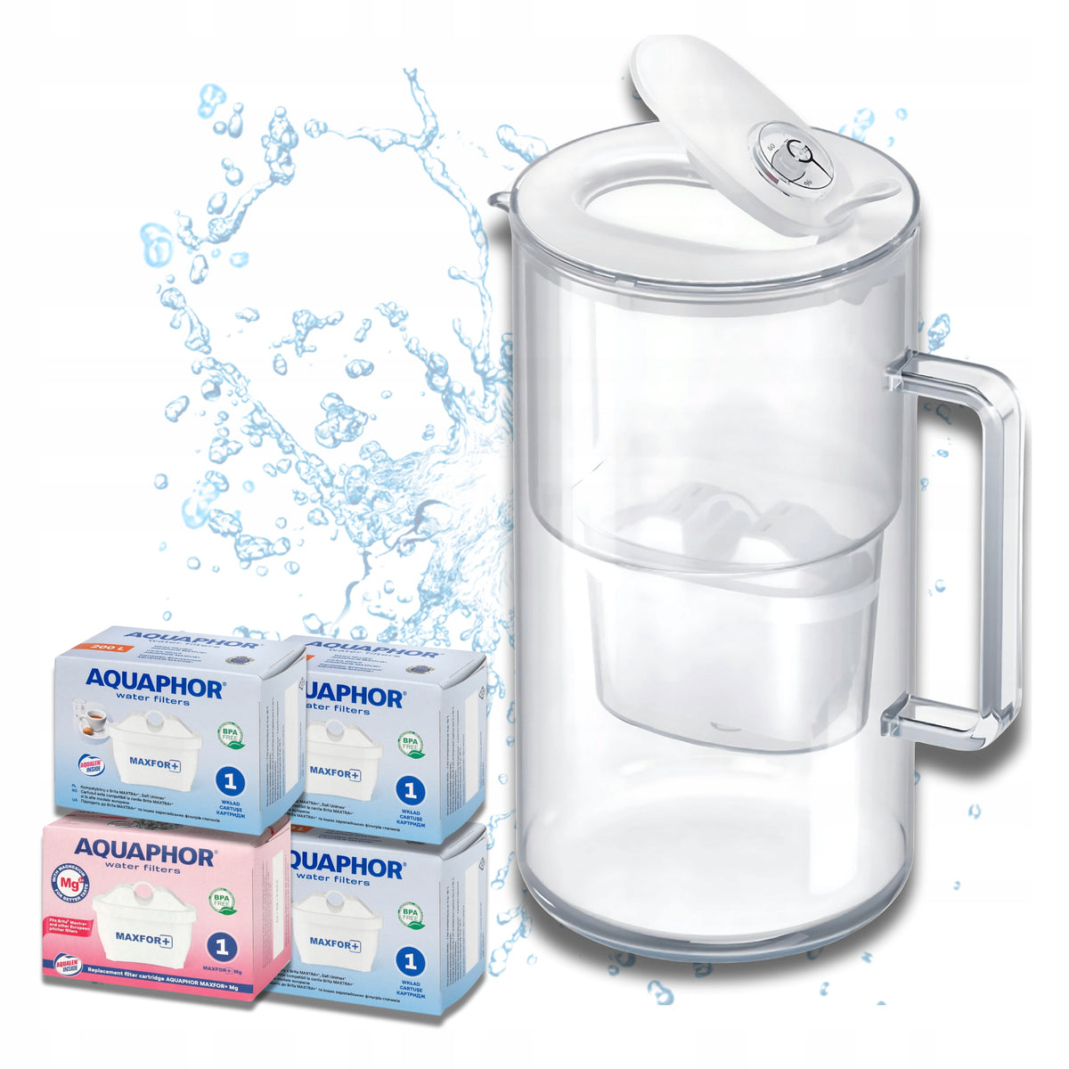 Dzbanek filtrujący szklany Aquaphor Glass biały+ 4 filtry Maxfor+ (1Mg + 3) karafka do wody pitnej, 2,5 l, 1 l po