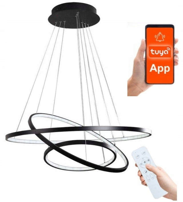 Lampa wisząca 3 ringi sufitowa żyrandol 100W pilot tuya pamięć czarny aluminium