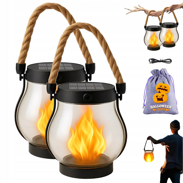 2PCS lampa ogrodowa flickering flame – ładowanie słoneczne i przez USB lampion dekoracyjny z efektem płomienia, ozdoba halloweenowa solarna LED