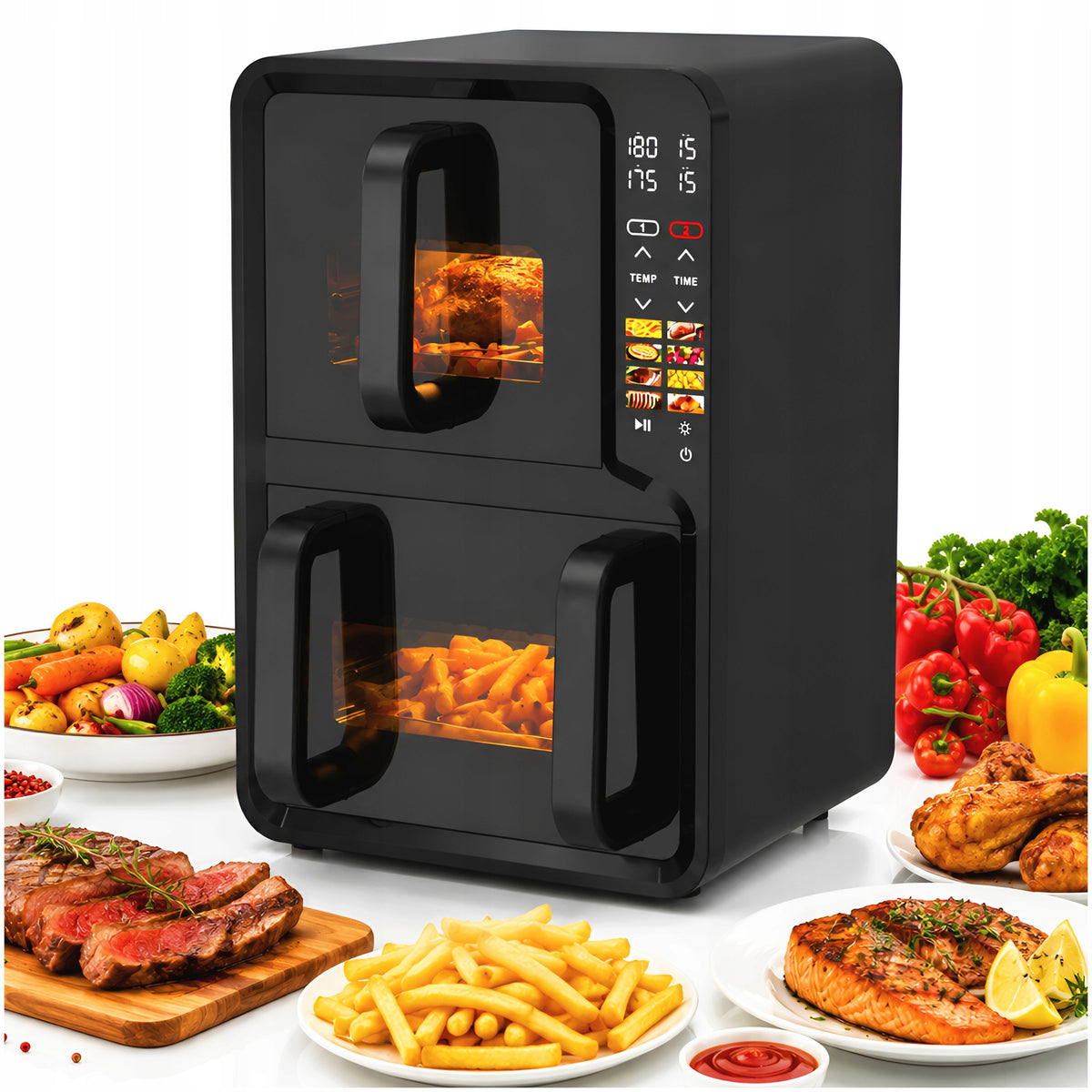 Frytkownica beztłuszczowa pionowa dwukomorowa AIR fryer pionowy 12l 2800W czarny