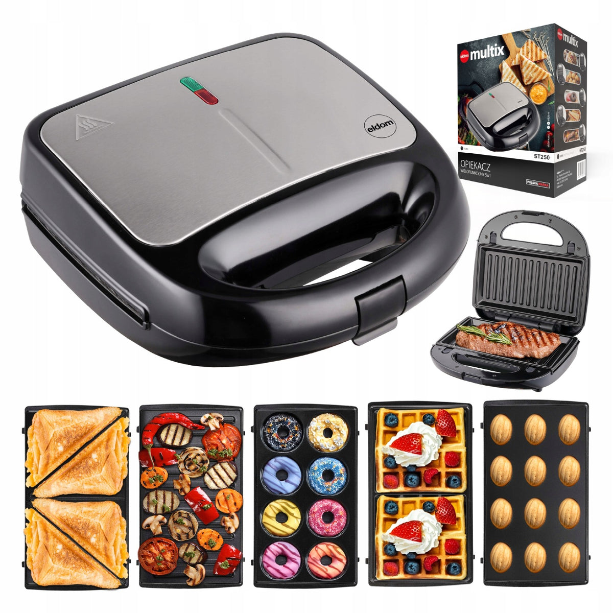 Opiekacz wielofunkcyjny ST250 Eldom 5 w 1 Tosty Grill Gofry Orzeszki Donaty nominalna srebrny/szary