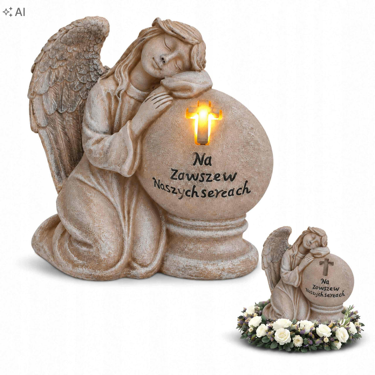 Figurka Anioł ZNICZ Na Grób Aniołek LED Duży Nagrobna Dekoracja świecąca lampka cmentarna 18 cm szara