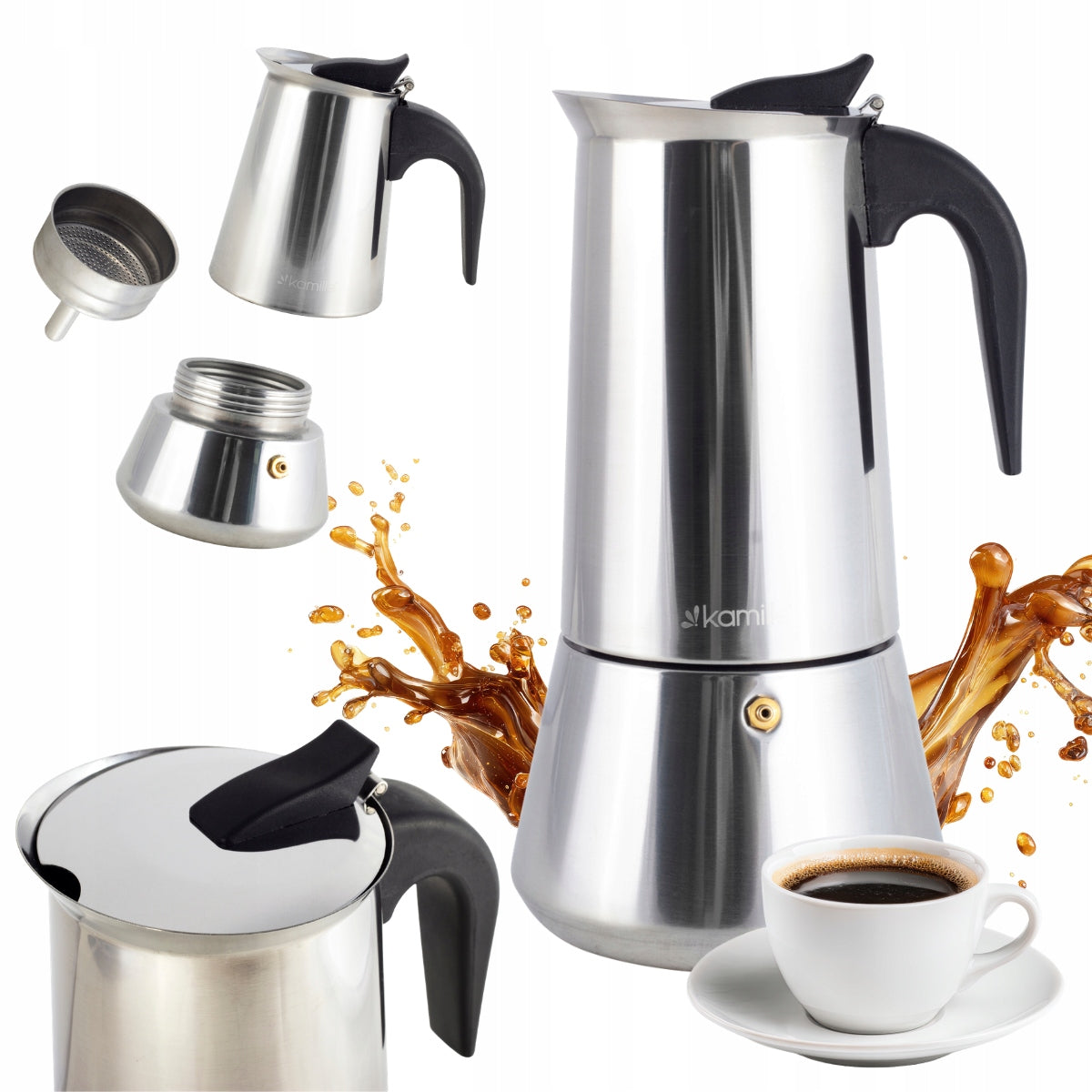 Kawiarka do parzenia kawy stalowa zaparzacz 450 ml czajnik dzbanek kamille na indukcję, moka, espresso, 9 filiżanek