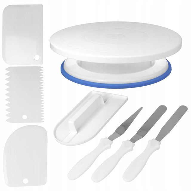 Patera obrotowa na ciasto talerz obrotowy do tortu ciast + zestaw szpatułek podstawka cukiernicza, dekorowanie wypieków, plastikowa, biała, 28 cm