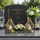 Znicz Kalia złoty szklany romb z kwiatem 35 cm na grób Wszystkich Świętych lampion cmentarny, dekoracja nagrobna, LED