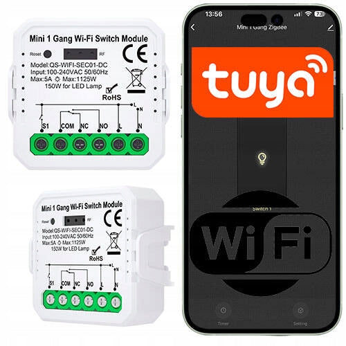 Sterownik Przekaźnik WiFi tuya beznapięciowy Smart moduł 2-kanałowy do automatyki domowej, zdalne sterowanie urządzeniami, zasilanie sieciowe