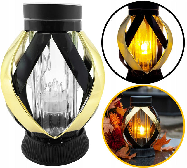 Znicz solarny lampion czarno - złoty nowoczesny znicz wstęga black & gold ledowy na cmentarz, lampka nagrobna 24 cm