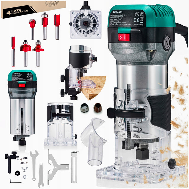 Frezarka górnowrzecionowa do drewna wycinarka z regulacją obrotów +6 frezów router stolarski, obróbka drewna, 850 w, tuleje 6/8 mm, głębokość 30 mm