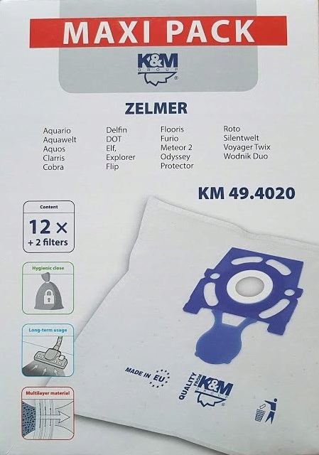 Worki flizelinowe do odkurzacza K&M 49.4020 Zelmer WD 3, zamiennik tekstylny z filtrem, komplet 12 sztuk