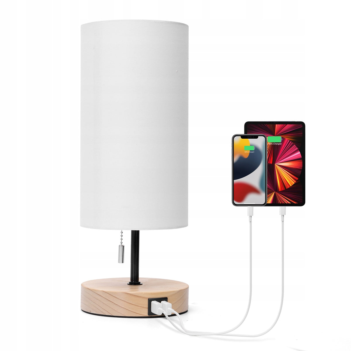 Lampa stołowa Aigostar biały E27 40 W z 2 portami USB lampka nocna na stolik, drewniana podstawa, do sypialni i salonu