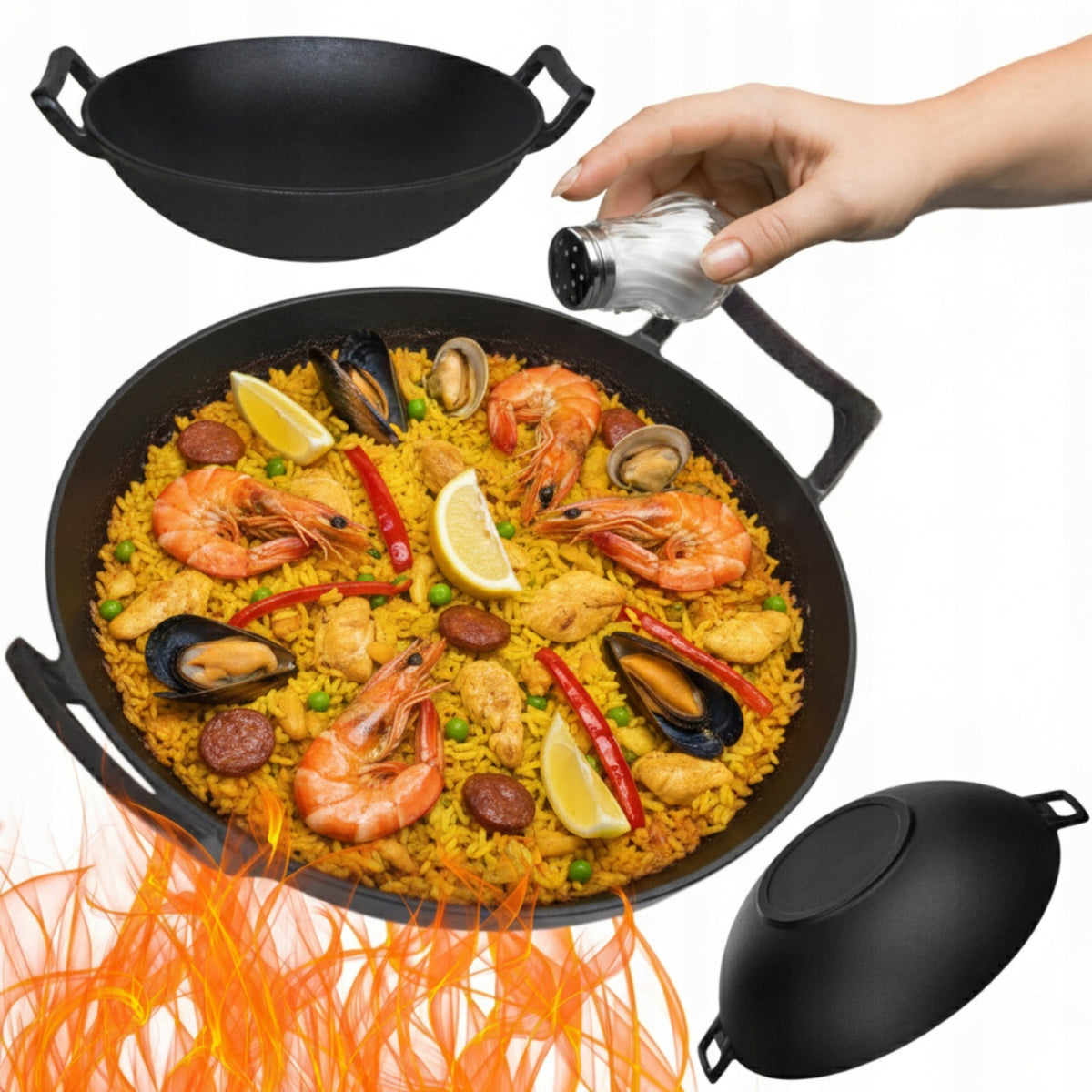 WOK ŻELIWNY 36 CM DUŻY NA INDUKCJĘ KUCHENKĘ OGNISKO PATELNIA ŻELIWNA do smażenia i duszenia, naczynie do piekarnika