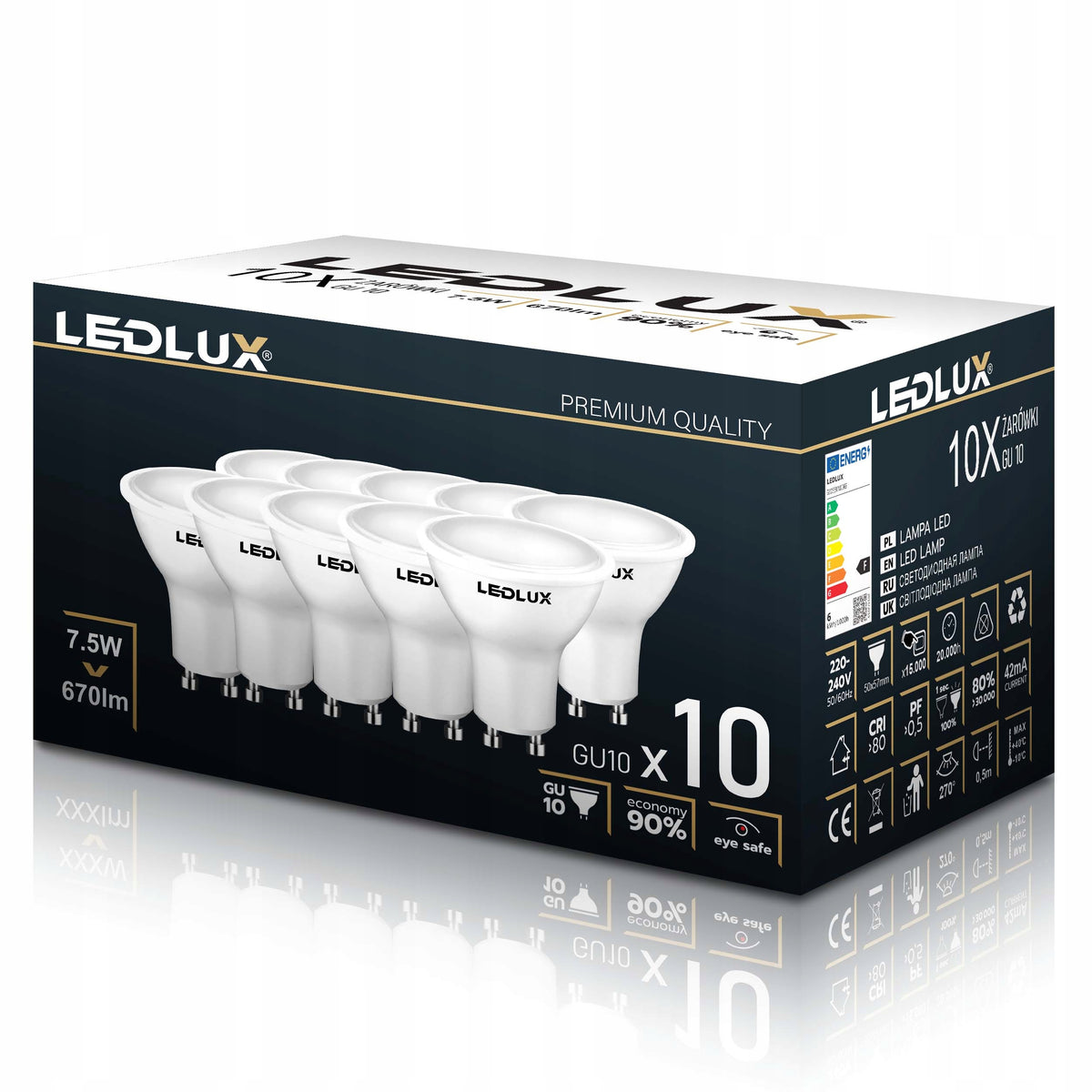 10x Żarówka LED GU10 7,5W =70W SMD 4000K neutralna Premium ledlux nie mruga do opraw punktowych, zamiennik halogenu