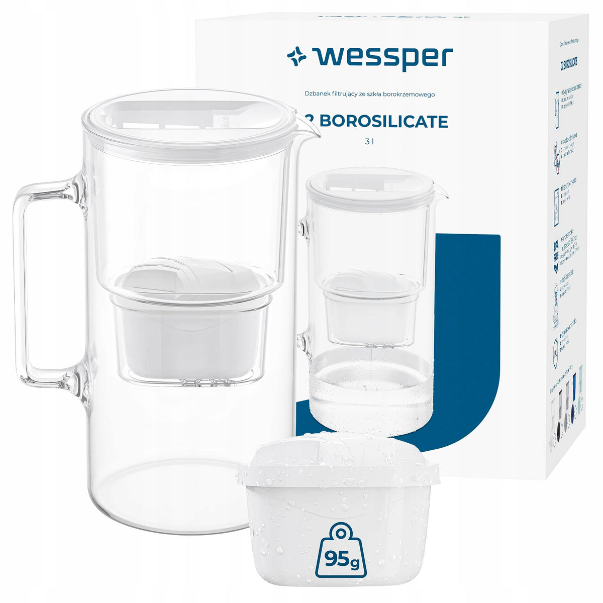 Szklany dzbanek filtrujący Wessper D2 Borosilicate 3l biały + 2x filtr