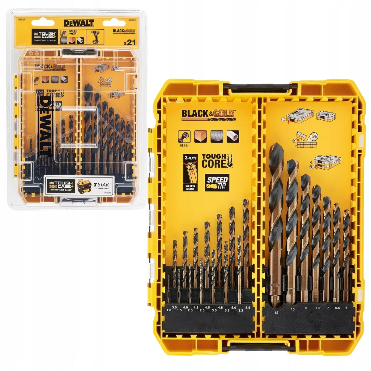 DeWalt DT70755-QZ BLACK & GOLD Zestaw wierteł do metalu HSS-G 21 szt. wiercenie otworów, akcesoria do wiertarki