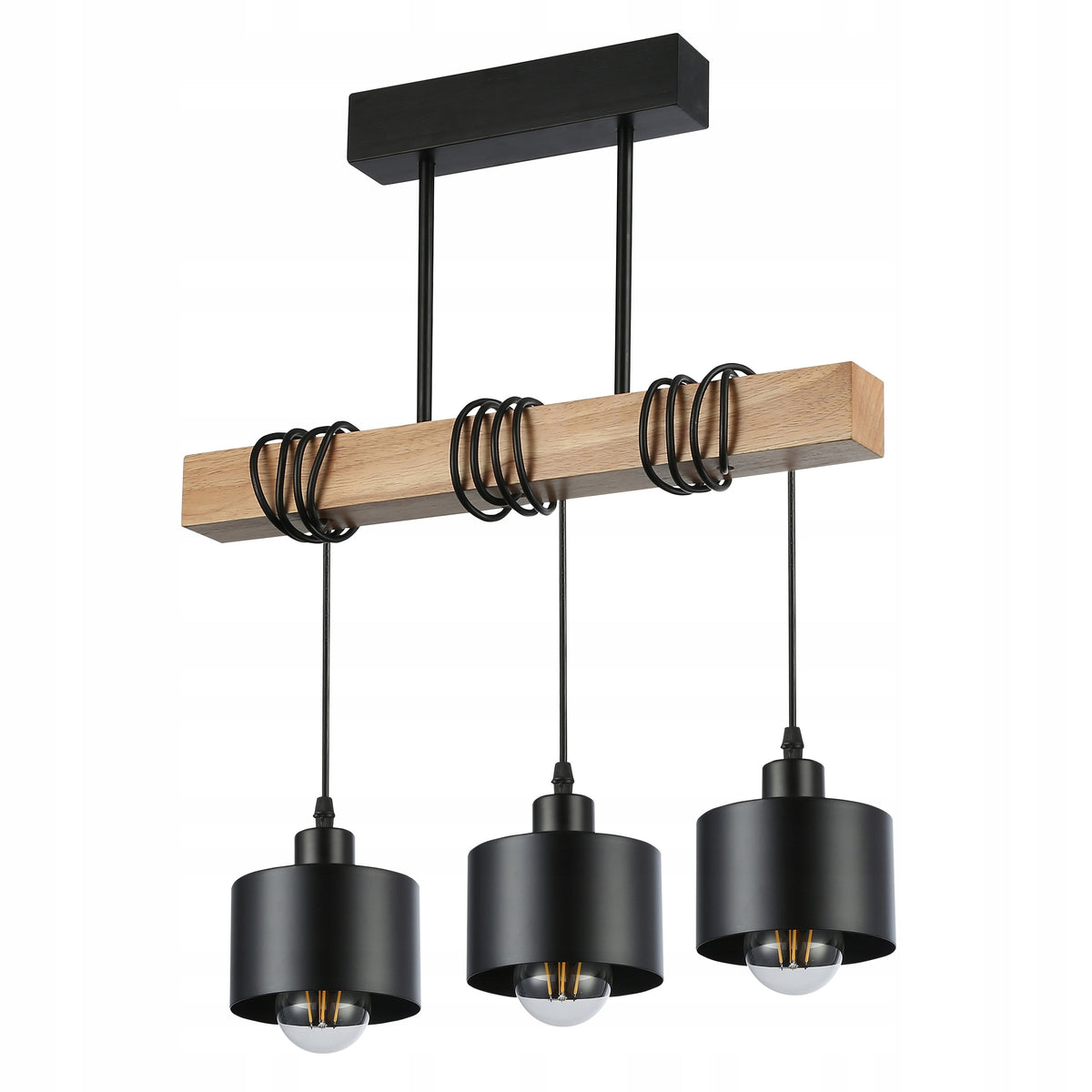 Lampa sufitowa wisząca żyrandol LED 3x E27 oprawa LOFT DREWNO drewniana dąb do salonu jadalni kuchni czarna 3-punktowa
