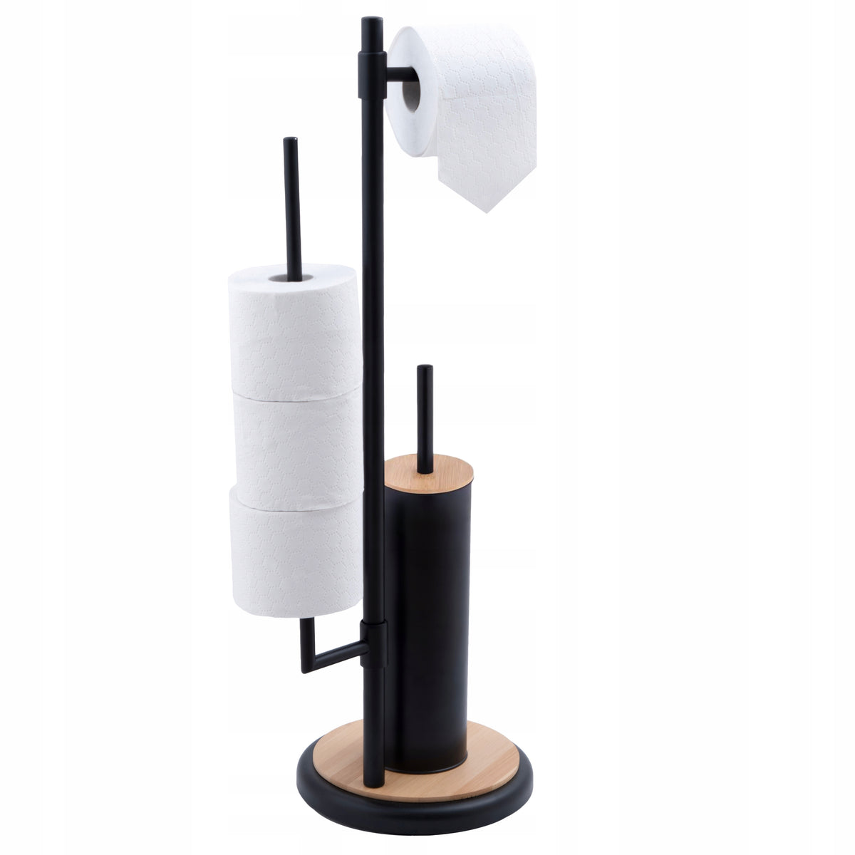Stojak na papier toaletowy szczotka do WC toalety czarna loft bambus uchwyt zestaw łazienkowy wolnostojący metalowy